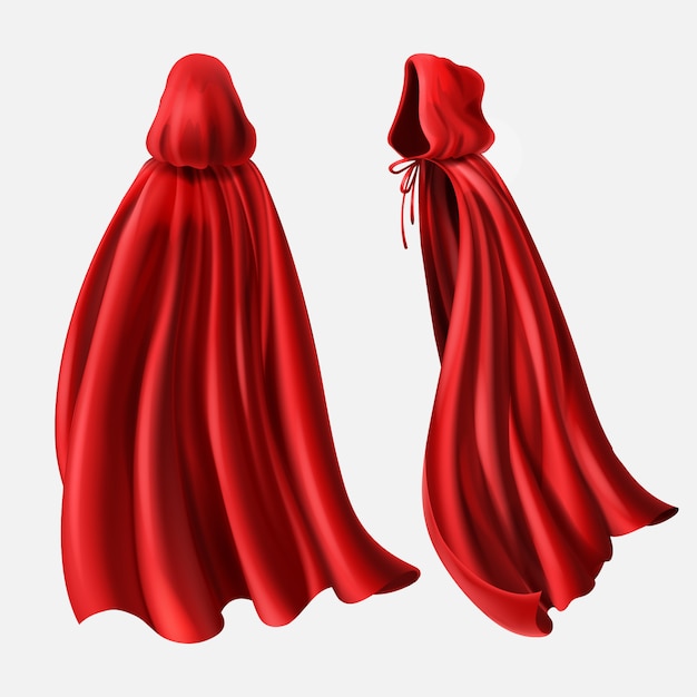 realistic set of red cloaks with hood, flowing silk fabrics isolated on white.