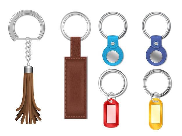 Free vector realistic set of silver metal keyrings with various leather and plastic pendants isolated vector illustration