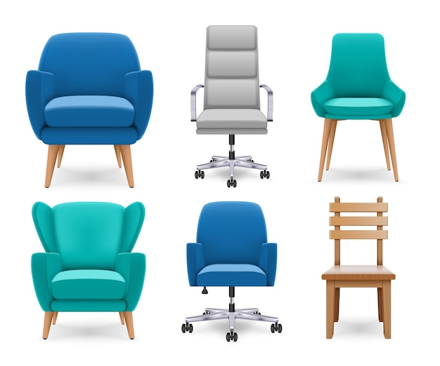 Free Vector realistic set of soft and wooden chairs and armchairs isolated on white background vector illustration