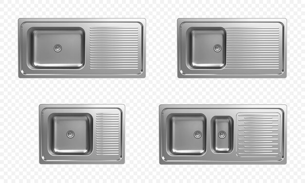 Realistic set of stainless kitchen sinks top view