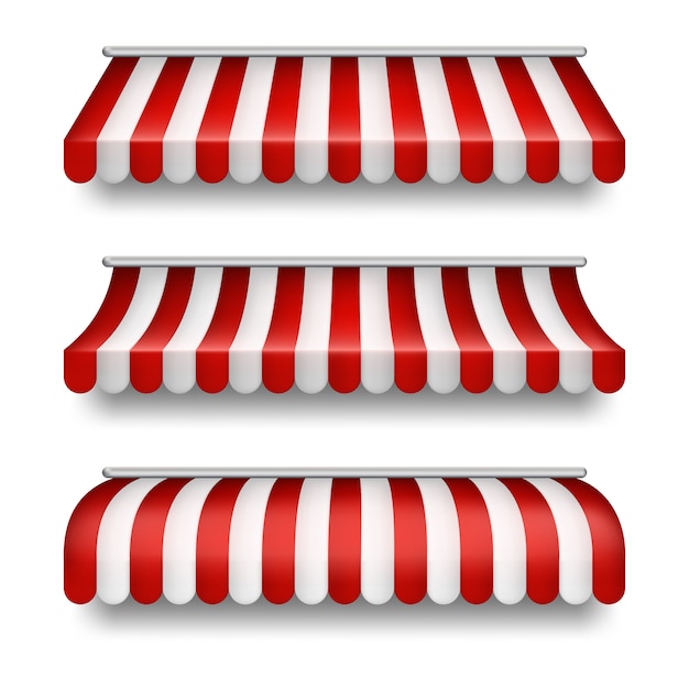 realistic set of striped awnings isolated on background. Clipart with red and white tents