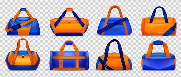 Free Vector realistic set of stylish bright orange and blue gym bags isolated on transparent background vector illustration