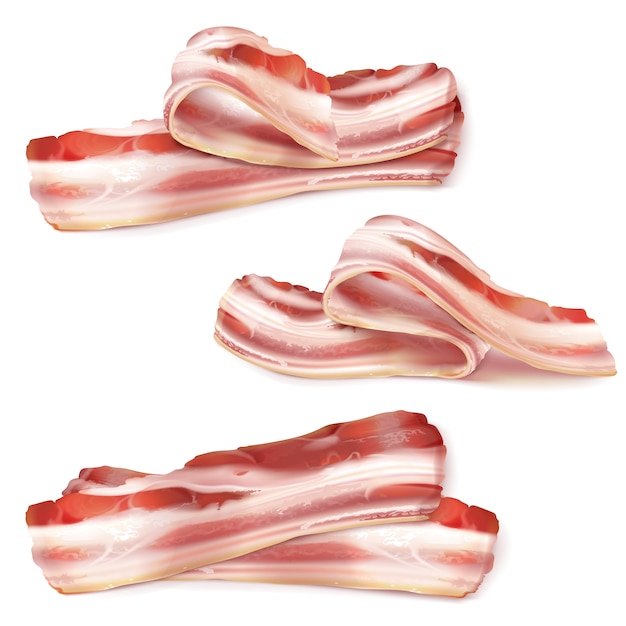 Free Vector realistic set of thin bacon strips, rashers, raw or smoked isolated on background. 