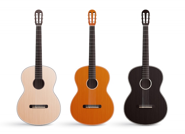 Realistic set of three classic wooden acoustic guitars with nylon strings isolated on white  