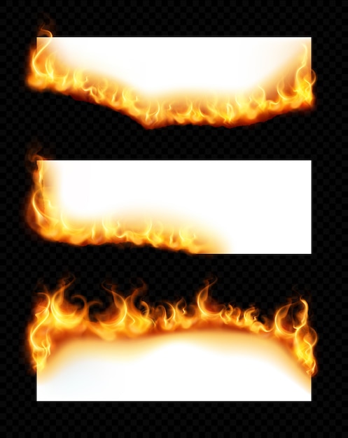 Realistic set of three white horizontal paper sheets with burning edges isolated on dark transparent background