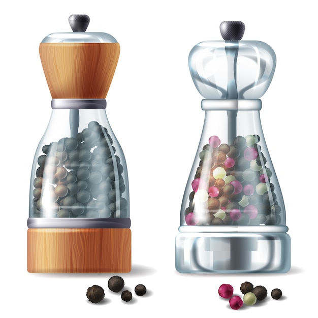 realistic set of two pepper mills, glass containers filled with various peppercorns