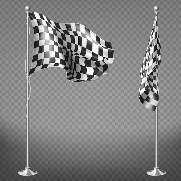 Free Vector realistic set of two racing flags on steel poles isolated on transparent background. 