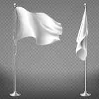 Free vector realistic set of two white flags on steel poles isolated on transparent background.