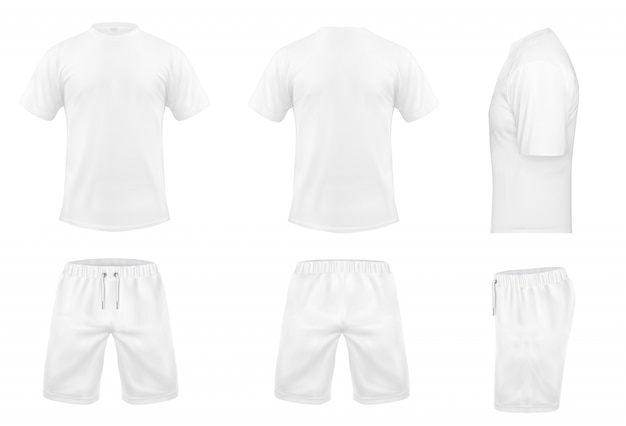 Free vector realistic set of white t-shirts with short sleeves and shorts, sportswear, sport uniform