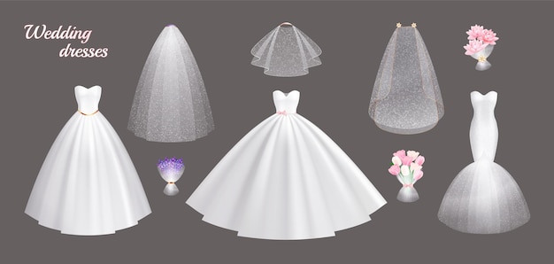 Realistic set of white wedding dresses and accessories for brides isolated on grey background vector illustration