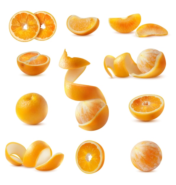 Free Vector realistic set of whole sliced and peeled fresh ripe oranges with skin isolated on white background vector illustration