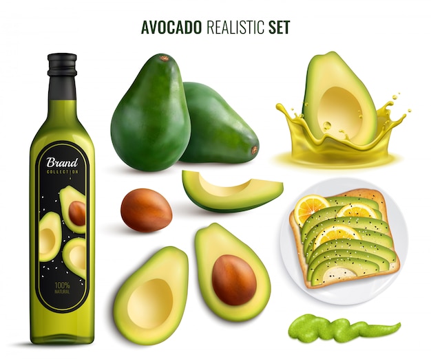 Realistic set with avocado fruit oil sandwich and guacamole icons isolated on white