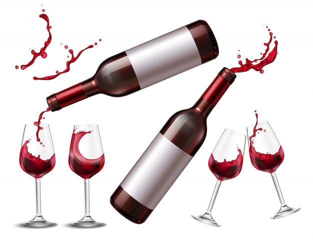 Free vector realistic set with bottle of red wine and four drinking glasses filled with drink