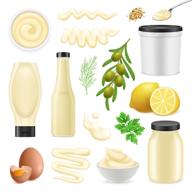 Realistic set with bottles bowls and packages of mayonnaise and ingredients for making sauce isolated on white background vector illustration