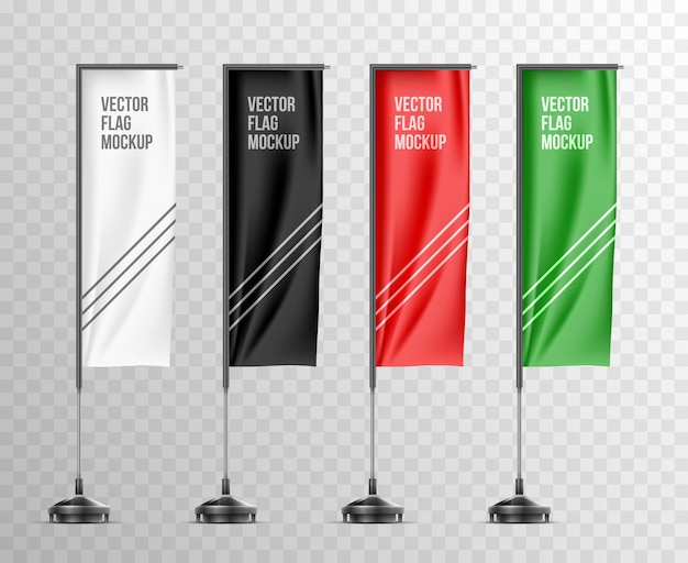 Free vector realistic set with isolated mockups of white black red and green colored flags on metal poles vector illustration