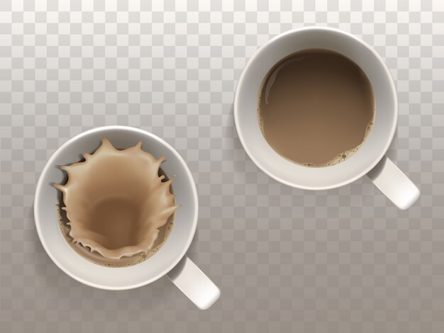 Realistic set with two cups of coffee, liquid splash, top view isolated on translucent backgr