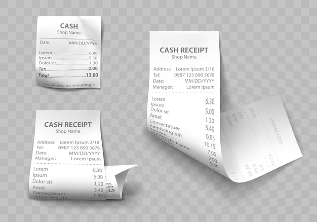 Realistic shop cash receipt, paper payment bills