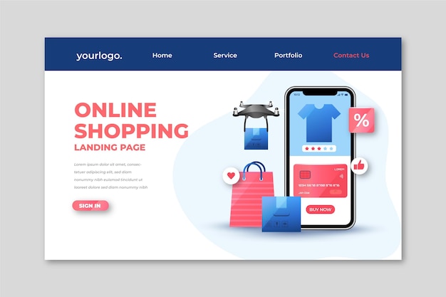 Realistic shopping online landing page template