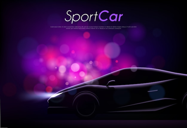 Realistic silhouette of sport car body editable text and blurry purple particles vector illustration