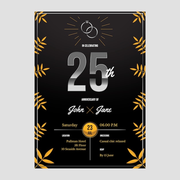 Free Vector realistic silver anniversary invitation