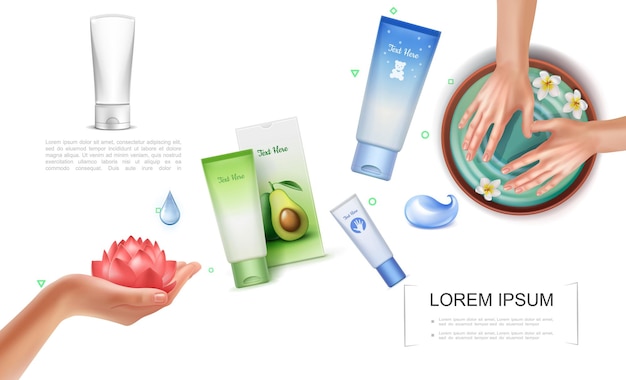 Realistic skincare template with cosmetic tubes and packages of cream female hands in water bowl and with lotus flower