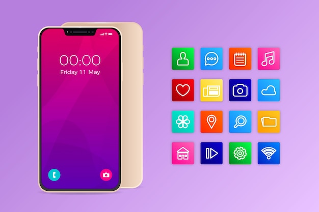 Realistic smartphone with apps in gradient violet shades