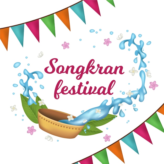 Realistic songkran with garlands and water