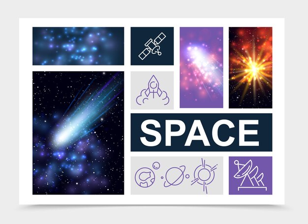 Realistic space elements set with stars nebula comets sunlight effects rocket satellite planets icons isolated