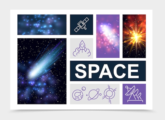 Realistic space elements set with stars nebula comets sunlight effects rocket satellite planets icons isolated