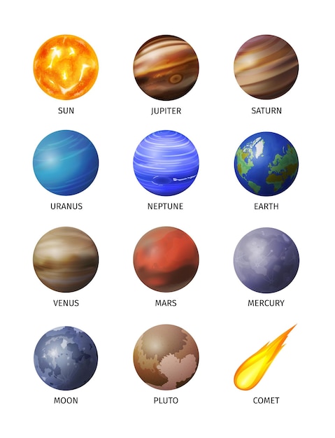 Realistic space planet isolated icon set with the twelve planets of our solar system illustration