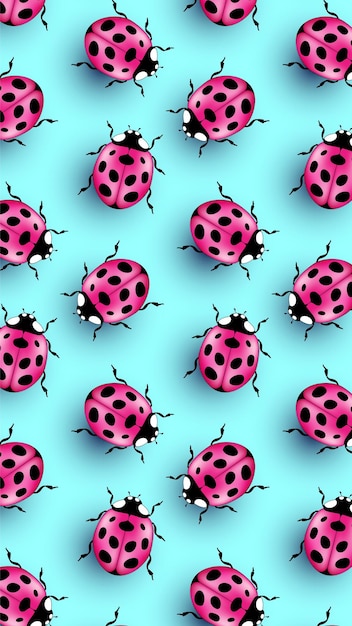 Realistic spring background patterns with 3d ladybugs