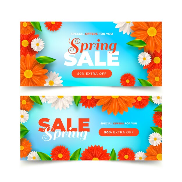 Realistic spring sale horizontal banners set