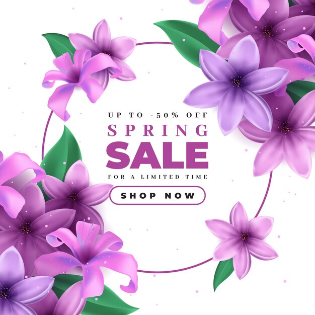 Realistic spring sale with blooming violet flowers