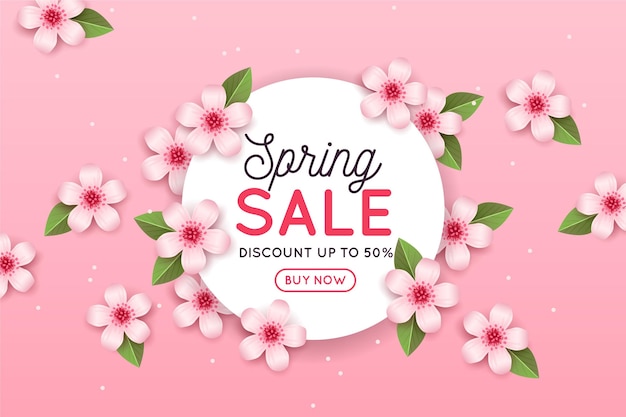 Realistic spring sale with pink flowers and leaves