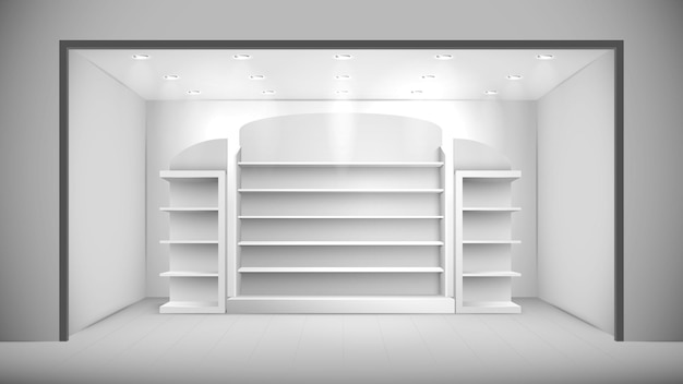 Free Vector realistic store interior with empty white shelves and ceiling lights vector illustration