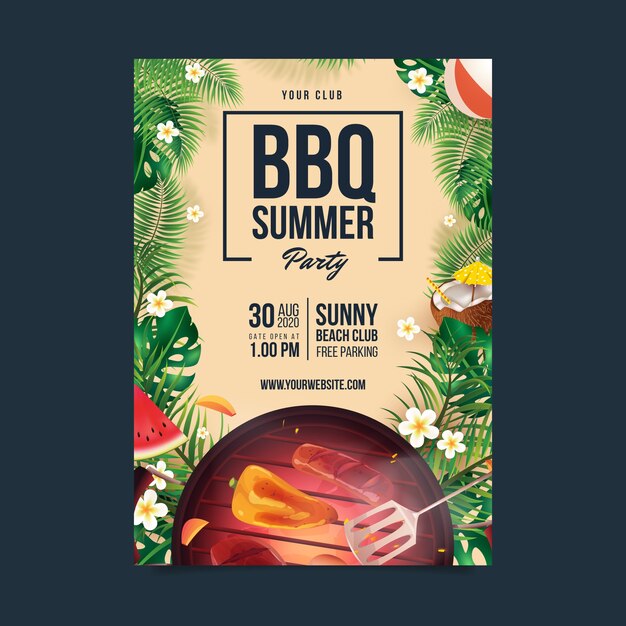 Realistic summer barbecue invitation template with grill and food