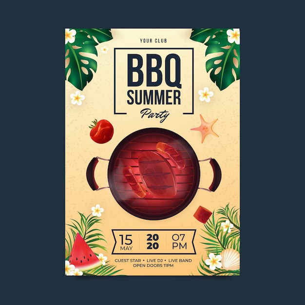 Realistic summer barbecue poster template with grill and food