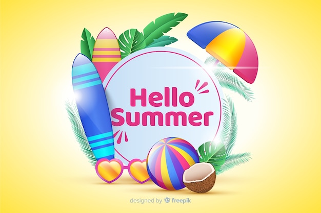 Realistic summer elements surrounding sign background