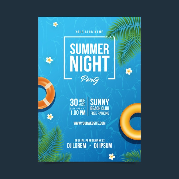 Realistic summer night party poster template with pool