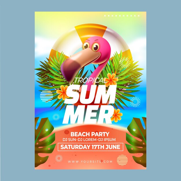 Realistic summer party poster with flamingo