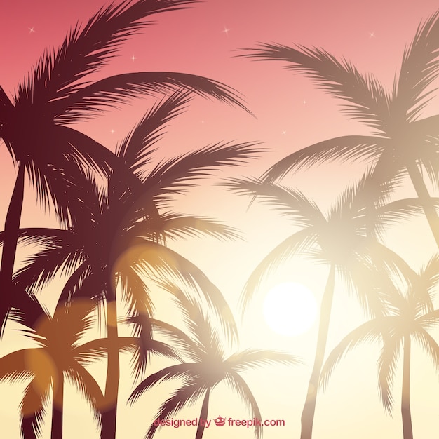 Free vector realistic summer sunset with palm silhouettes