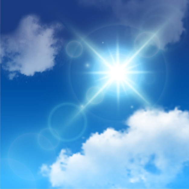 Free vector realistic sun lens flares among white clouds on blue sky