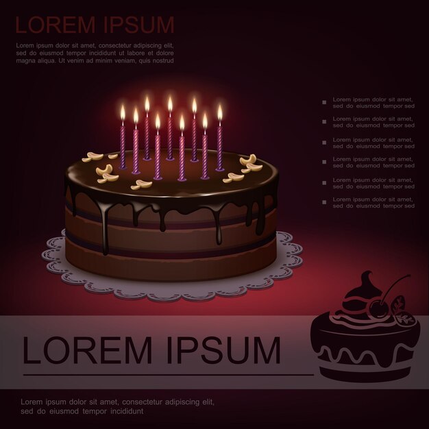 Realistic sweet birthday festive template with chocolate cake and burning candles  illustration