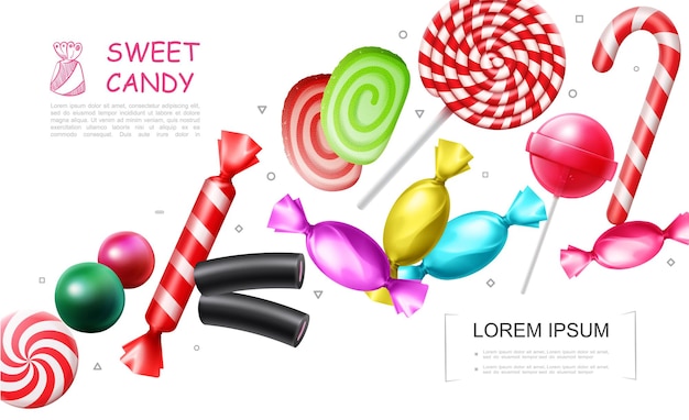 Realistic sweet candies collection with lollipop bonbons candy cane marmalade jelly gums licorice  illustration