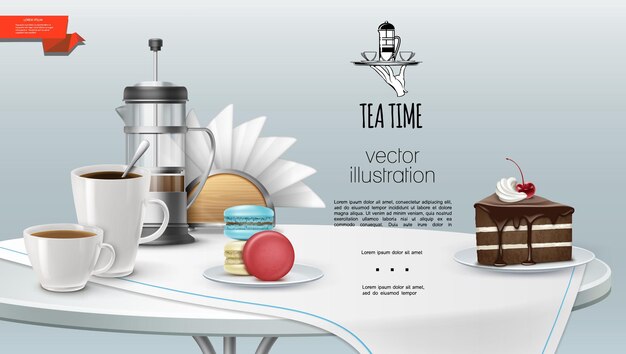 Realistic tea time  with cups of coffee and tea french press cake piece macaroons napkins tablecloth on table