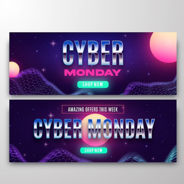 Realistic technology cyber monday horizontal banners set