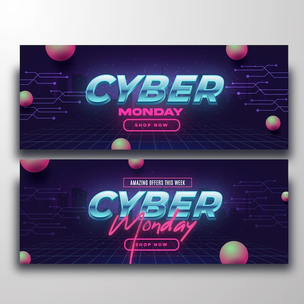 Realistic technology cyber monday horizontal banners set