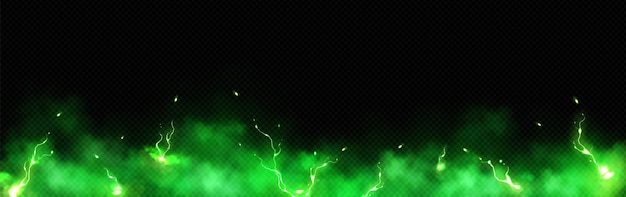 Free vector realistic thunder light and green smoke cloud bottom frame mysterious lightning glow border wide panoramic element fluffy magic spell mist glowing with bolt energy charge overlay turquoise design