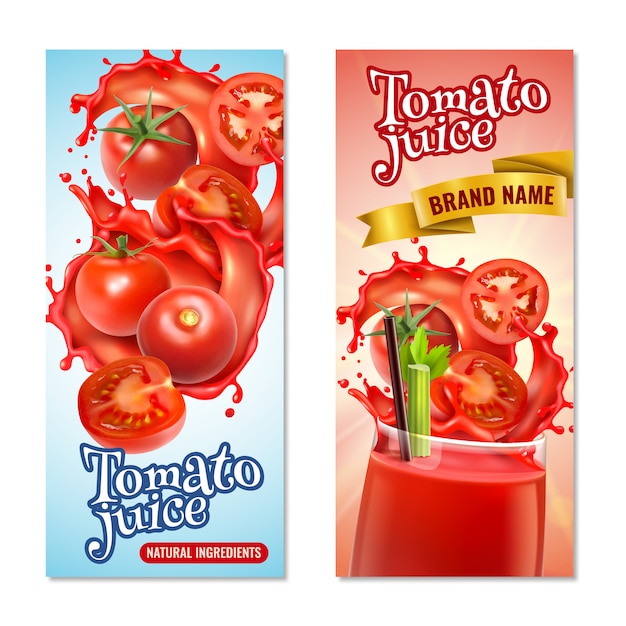 Realistic tomato juice vertical banners set with splashes of red liquid and whole fruits with text