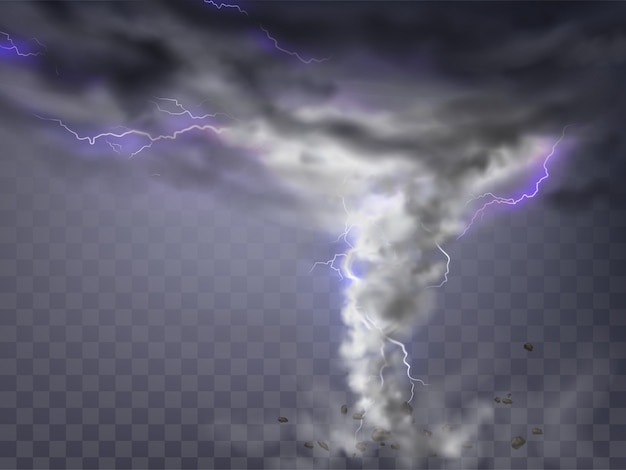 Free Vector realistic tornado with lightnings, destructive hurricane isolated on transparent background. 